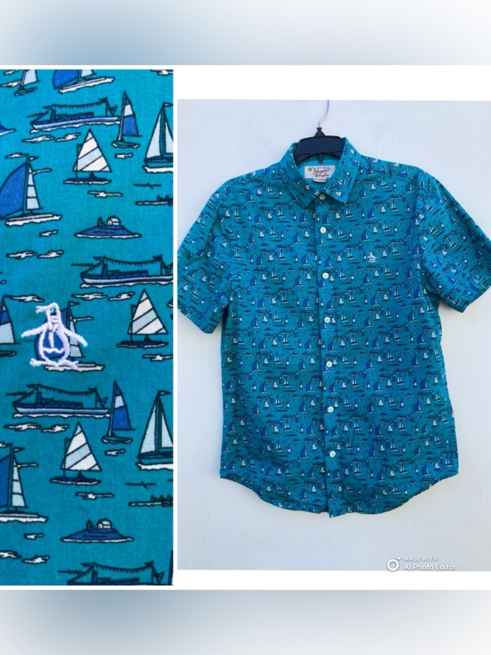 Penguin Original Classic Fit Short Sleeve Button Down Shirt Sailboats Small